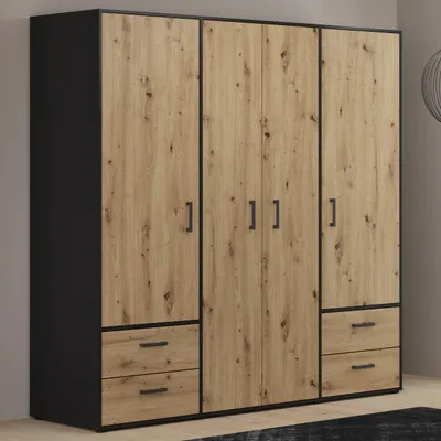Produktbild von Forte MONISSA Kleiderschrank 200, moderner Drehtürenschrank, 4-türig, 4 Schubladen, Holzwerkstoff, Artisan Eiche Holzdekor|Schwarz, 205,9 cm breit x 200,1 cm hoch x 59 cm tief
