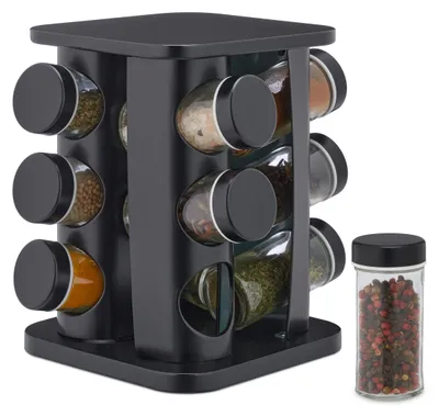 Kruidenkarussell mit 12 Glaspotjes, RVS, drehbar, schwarz