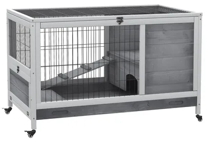 Immagine prodotto di Conigliera 90x53x59 cm con Rampa e 4 Ruote in Legno Grigio