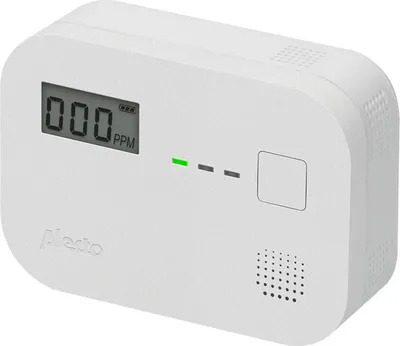 A white carbon monoxide detector with a digital display and indicator lights.