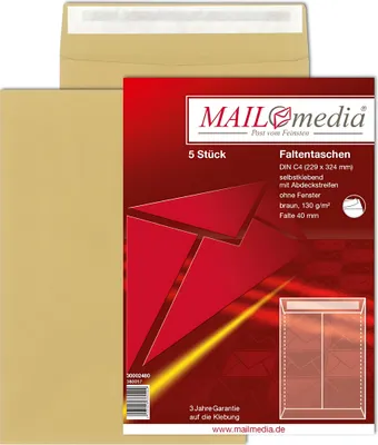 Immagine prodotto di mayer-network 380057 Tasca pieghevole C4, piega 40 mm, adesivo, con copertura, o.F., marrone, 130 g, 5 pz.