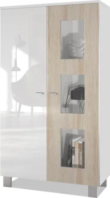 Produktbild von Vladon Vitrine Denjo,  Germany, Standvitrine mit 2 Türen und 3 Glaseinsätzen, Weiß matt/ Weiß Hochglanz/ Eiche Sägegrau (71 x 129 x 35 cm)