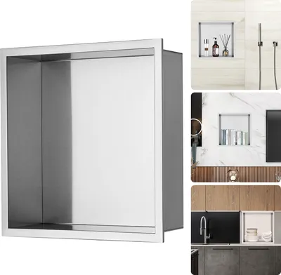 Collage of a stainless steel shower niche and kitchen storage solutions.