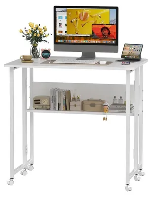 Immagine prodotto di Scrivania regolabile in altezza, su ruote, colore bianco, dimensioni 80 x 58 x 75 cm