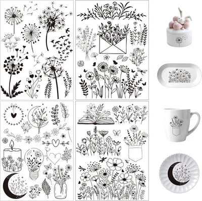 Productafbeelding van Wrijfstickers bloemen 4 vellen, Dandelion motief, zelfklevend, voor decoratie