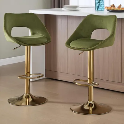 Immagine prodotto di Set di 2 sgabelli da bar, regolabili in altezza, girevoli a 360°, con schienale, poggiapiedi dorati, rivestiti in velluto, colore verde