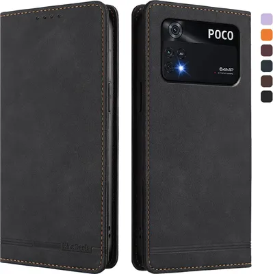 Produktbild von Hülle für Xiaomi Poco M4 Pro 4G, Retro Kunstleder Ständer Klapphülle mit Kartenfächer und Magnetische Schwarz