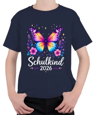 Productafbeelding van Schoolkind 2026, meisjes, schoolstart, vlinder, roze kinder-T-shirt, marineblauw, maat 152