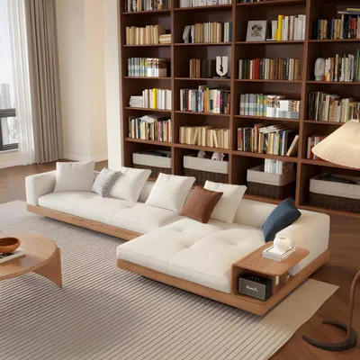 Zdjęcie produktu dla Beżowa narożna sofa z tkaniny – nowoczesny design, wygoda i elegancja do salonu