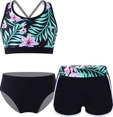 Produktbild von Kinder Mädchen Tankini Set Gr. 170-176 Cm Badeanzug + Shorts Dreiteiler Bademode Beachwear Sport