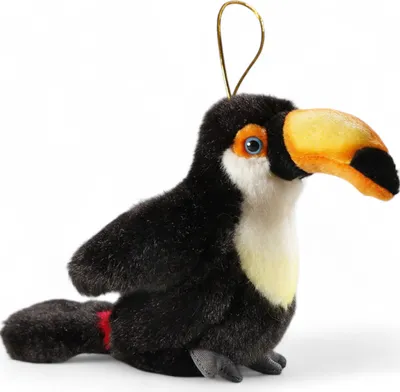 A plush toy toucan is shown against a white background.