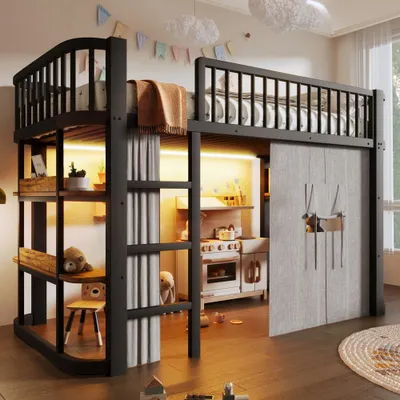 Produktbild von Hochbett Kinderbett mit Verdunkelungsvorhängen,individuell anpassbare untere Ebene, LED-Beleuchtung, Matratze nicht enthalten, Schwarz , 90 x 200 cm