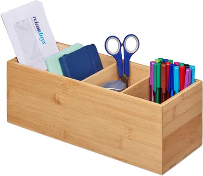 Produktbild von Büro-Organizer - 4 Fächer - Bambus - 12 x 35 x 14 cm - Für Büro, Badezimmer oder Zuhause - Stiftekörbchen - Natürliches Design