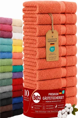Image de Betz, lot de 10 serviettes de toilette pour invités, 30x50 cm, qualité PREMIUM, 100% coton. Ensemble de serviettes pour les mains. Couleur : orange rouge