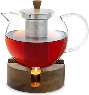 Zdjęcie produktu dla Ceramiczny dzbanek do herbaty z szklaną pokrywką i drewnianą podstawką – 1,3 l