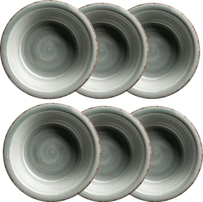 A set of six soup plates arranged in two rows of three.