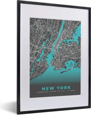 Produktbild von MuchoWow® Gerahmtes Poster New York - Stadtplan - Blau - Karte 30x40 cm - Poster mit Schwarzem Bilderrahmen Wandposter Rahmen Foto Bilder - Wandposter Schlafzimmer