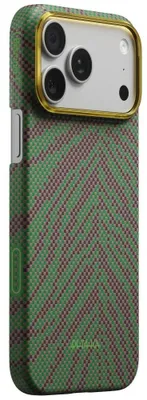 Produktbild von Aramid Handyhülle für iPhone 17 Pro Max, PITAKA Edge Ultra-Slim Case PitaTap mit MagSafe, Grün und Burgund mit muster
