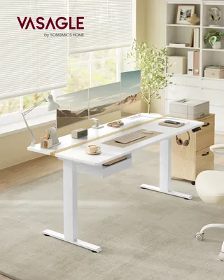 Produktbild von VASAGLE Höhenverstellbarer Schreibtisch elektrisch, mit Steckdose und Schublade, 70 x 160 cm Memory-Funktion, wolkenweiß-goldeichenfarben