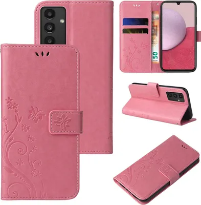 Produktbild von Handyhülle für Samsung Galaxy A14 / A14 5G Floral Blumen Schmetterling Flip Cover Hülle Case Klapphülle Handytasche Farbe: Rosegold