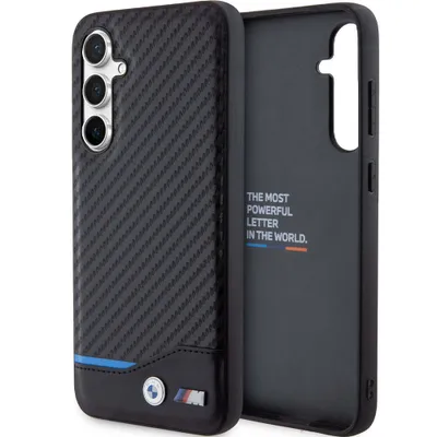 A black carbon fiber phone case with blue accents and BMW M logos is shown, with the inside of the case also visible.
