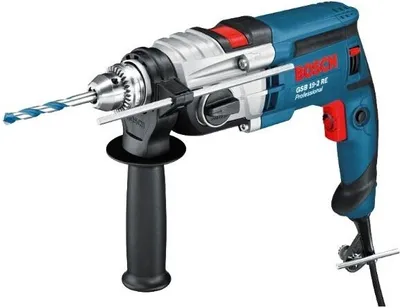 A Bosch professional hammer drill with a drill bit attached.