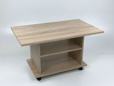 A light wood-grain coffee table with two shelves and wheels, shown against a white background.