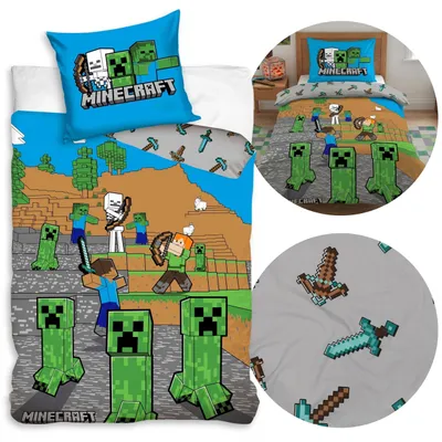 Produktbild von Minecraft Bettwäsche für Kinder, 140x200 cm + 70x90 cm, 100% Baumwolle, doppelseitig, mit Reißverschluss,