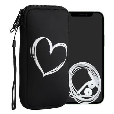 Produktbild von kwmobile Handytasche für Smartphones XL - 6,7/6,8" - Neopren Handy Tasche Hülle Cover Case Schutzhülle - Herz Brush Weiß Schwarz - 17,2 x 8,4 cm