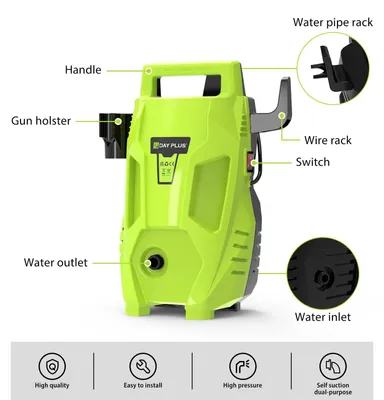 Image de Nettoyeur haute pression - Électrique et portable - Puissance 5000 W - Pression 350 bars - Débit 5 l/min - Tuyau de 7 m - Cordon d'alimentation de 5,5 m - Tension 240 V - Vert