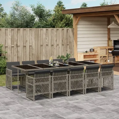 Produktbild von 11-tlg. Garten-Essgruppe - mit Tisch und Stühlen - mit Kissen - Grau Poly Rattan - Gartenmöbelset CC11538