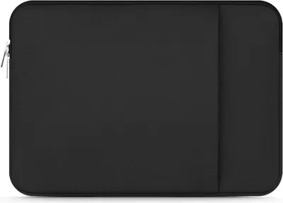 A black laptop sleeve is shown flat against a white background.