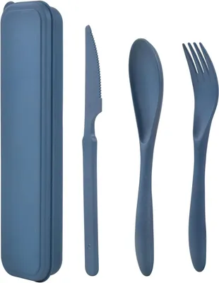 A set of blue reusable cutlery with a case, laid out on a white background.