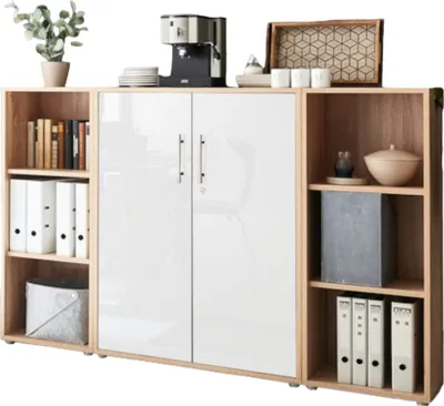 Produktbild von Aktenschrank TABOR 2 in Eiche Sonoma / weiß Hochglanz, Schrankwand, Büroschrank, abschließbar, Metallgriffe