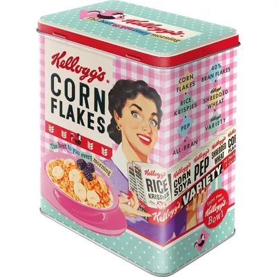 A retro-style tin box for Kellogg's Corn Flakes, featuring a vintage illustration of a woman and product details.
