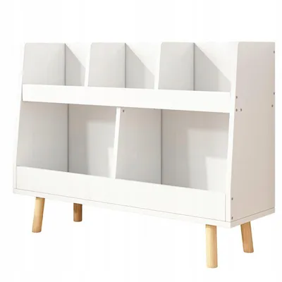 A white children's bookshelf with wooden legs, shown against a white background.