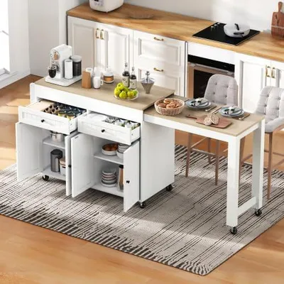 Produktbild von Mobile Kücheninsel als freistehender Esstisch mit Rollen, ausziehbarer Arbeitsplatte, Schublade und offenen Regalen, 112–180,5×45×92,2 cm, Weiß/Natur für Küche und Esszimmer