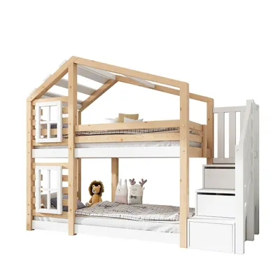Produktbild von Kinderbett Baumhaus 90 x 200 cm, Etagenbett für Kinder in Fensterbauweise mit Speicherung und Rausfallschutz, Natur & Weiß – 2x Lattenrost
