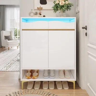 Image de Armoire à chaussures moderne blanche avec éclairage LED et espace de rangement, idéale pour l'entrée ou le salon, dimensions : 80 x 35 x 105 cm