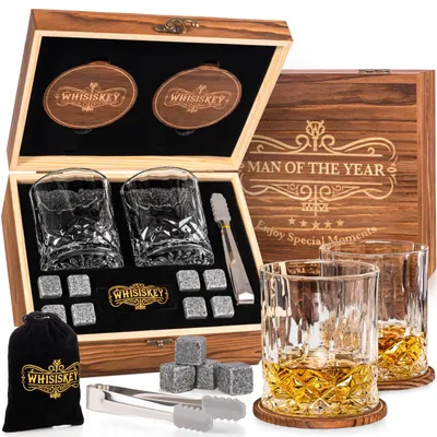 Whiskygläser-Set 2x310 ml mit 8 Steinen, Zange & Box