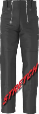 A pair of black work pants with zippers and decorative stitching.