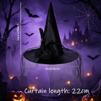 Produktbild von Hut Hexenhut Damen, schwarz mit Spitze und Schleier, Einheitsgröße, für Halloween