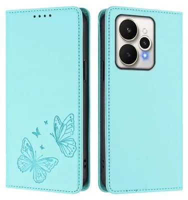 Produktbild von Lederhülle für Realme 15 /Realme 15 Pro 5G, Schmetterling Prägung Leder Brieftasche Schutzhülle mit Ständer Türkis