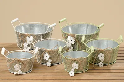 Produktbild von Pflanztopf Übertopf Blumentopf Metall Blütenmotiv Henkel weiß oder grün 3er Set