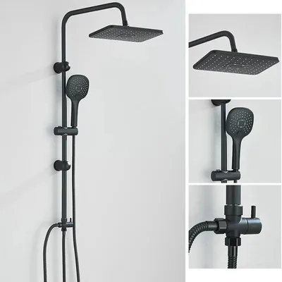 Zdjęcie produktu dla Zestaw prysznicowy - montowany na ścianie - deszczownica 20 cm - słuchawka prysznicowa i odpływ do wanny - bateria jednouchwytowa (ciepła/zimna woda) - regulowana wysokość 70–120 cm - kolor czarny