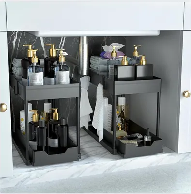 Produktbild von Küchen Organizer, 2 Unter Waschbecken Regal, Schrank Küchenorganizer mit 4 Haken, Schrankkorb für Küche, Bad, Putzmittel, Waschmittel （Schwarz）