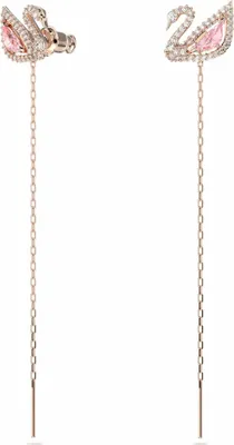 A pair of rose gold swan-shaped threader earrings with pink crystal accents, displayed against a white background.