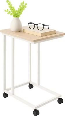Produktbild von Relaxdays Beistelltisch mit Rollen, HBT: 68 x 50 x 35 cm, MDF, Metall, C-Form, Sofatisch zum Unterschieben, braun/weiß