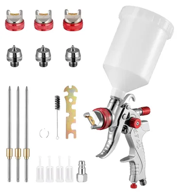 Immagine prodotto di Pistola a spruzzo per verniciatura, serbatoio da 600 ml, tecnologia HVLP, ugelli da 1.4/1.7/2.0 mm, alimentazione a gravità,