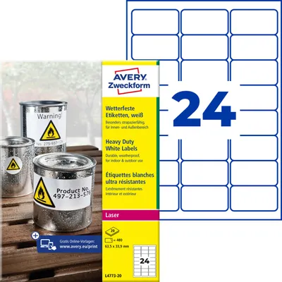 Produktbild von Avery Zweckform L4773-20, Wetterfeste Folien-Etiketten, A4, 63,5 x 33,9 mm, 480 Etiketten / 20 Bögen, weiß